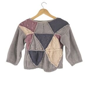 VTG! Jennifer Reed Hand Knitted Linen Cotton Patchwork Sweater Women S Grey Boho